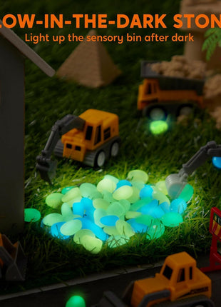 JOVA Klever Kits Construction Sensory Bin for Toddlers with Glow in The Dark Stones, Sandbox with Lid Castle Building kit, Preschool Learning Activities Gifts for Boys Girls Age 3+