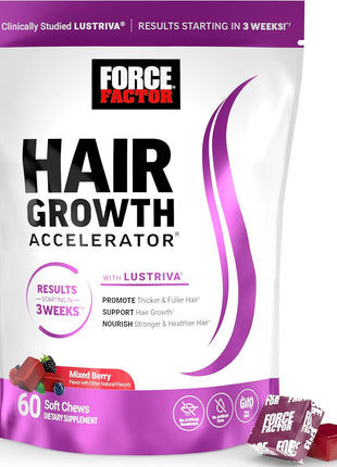 Force Factor Hair Growth Accelerator Soft Chews with Lustriva | Hair Growth Vitamins for Women & Men with Clinically Studied Lustriva & Biotin for Thicker, Fuller Hair, 60 Soft Chews