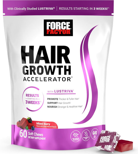 Force Factor Hair Growth Accelerator Soft Chews with Lustriva | Hair Growth Vitamins for Women & Men with Clinically Studied Lustriva & Biotin for Thicker, Fuller Hair, 60 Soft Chews