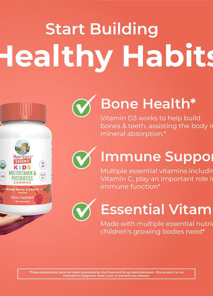 MaryRuth Organics Kids Vitamins | USDA Organic | Multivitamin Gummies + Postbiotics for Ages 4+ | Lactobacillus Rhamnosus | Vegan | Non GMO | 60 Count