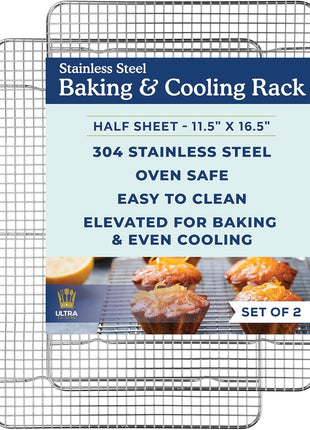 Ultra Cuisine Oven Safe, Dishwasher Safe 100% Stainless Steel Cooling and Baking Rack Set Heavy Duty Tight Wire   11.5 x 16.5 inch   Set of 2   Half Sheet Pan Cooling Racks