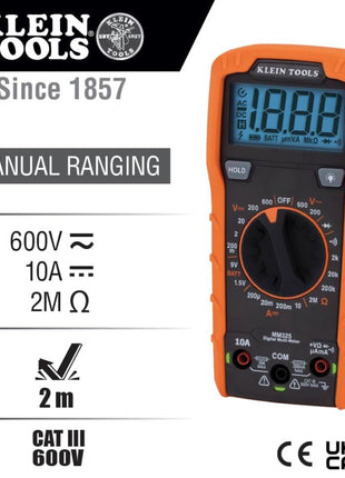 Klein Tools MM325 Multimeter, Digital Manual-Ranging 600V AC/DC Voltage Tester, Tests Batteries, Current, Resistance, Diodes, and Continuity