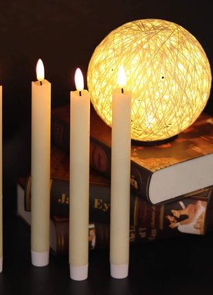 GenSwin Flameless Ivory Taper Candles Flickering with 10-Key Remote, Battery Operated Led Warm 3D Wick Light Window Candles Real Wax Pack of 6, Christmas Home Wedding Decor(0.78 X 9.64 Inch)