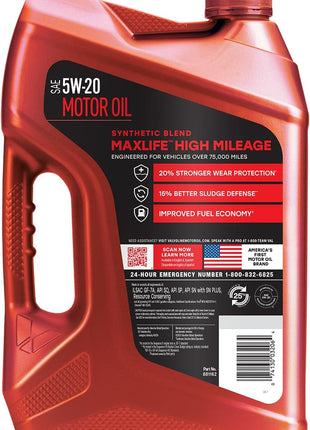 Valvoline High Mileage with MaxLife Technology SAE 5W-20 Synthetic Blend Motor Oil 5 QT