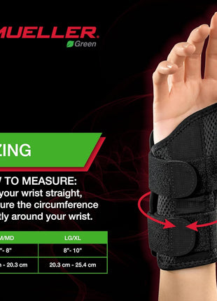 MUELLER Sports Medicine Green Fitted Wrist Brace for Men and Women, Wrist Pain Relief Support, Ideal for Carpal Tunnel, Tendonitis, Arthritis, Right Hand, Black, Small/Medium