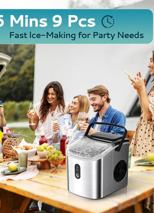 EUHOMY Ice Maker Countertop, Portable Ice Machine with Carry Handle, 26.5lbs Per Day, 9 Cubes in 6 Mins, Auto-Cleaning, with Basket and Scoop, for Home, Kitchen, Camping, RV (Silver)