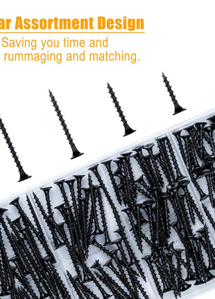 KURUI Drywall Screws Assortment Kit, #6 Black Wood Screws for Sheetrock,165pcs Picture Hanging Kit for Frame Painting Art Photo, Phillips Coarse Dry Wall Screw 4 Sizes 1 inch,1-1/4 inch,1-5/8 inch,2 inch