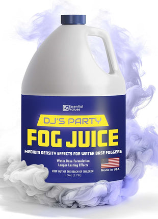 ESSENTIAL VALUES Fog Machine Fluid (128 FL OZ / 1 Gal) Fog Juice Long-Lasting Medium Density Liquid for Water Based Foggers, Perfect for 400 Watt to 1500 Machines, Outdoor or Indoor, Made in USA