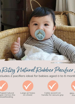 Itzy Ritzy Natural Rubber Pacifiers for 0–6 Mos, Set of 2 (Coconut/Toast) | Baby Pacifiers with BPA-Free Cherry-Shaped Nipple & Large Air Holes for Added Safety, Soothing Comfort, Newborn Essentials