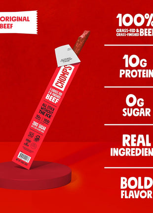 Chomps Grass-Fed and Finished Original Beef Jerky Snack Sticks 10-Pack - Keto, Paleo, Whole30, 10g Lean Meat Protein, Gluten-Free, Zero Sugar Food, Non-GMO