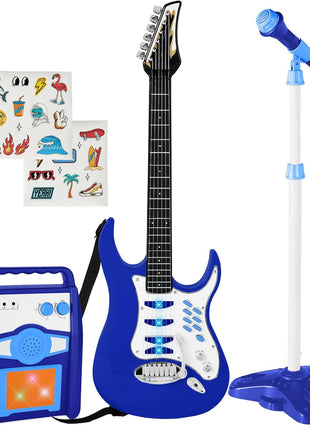 Best Choice Products Toy Kids Guitar Play Set Bundle, Pretend Play Toddler Electric Guitar Kit with Interactive Microphone, Amp, Whammy Bar, 6 Demo Songs and 2 Sticker Sheets - Blue