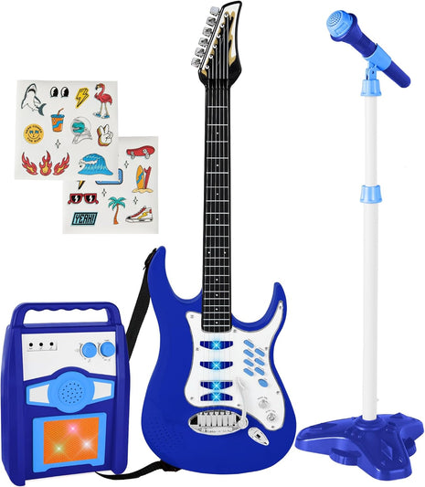Best Choice Products Toy Kids Guitar Play Set Bundle, Pretend Play Toddler Electric Guitar Kit with Interactive Microphone, Amp, Whammy Bar, 6 Demo Songs and 2 Sticker Sheets - Blue
