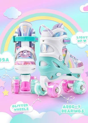 Rainbow Unicorn 4 Size Adjustable Roller Skates for Girls Boys for Kids Ages 3-5 5-8 6-12 Children Skates Indoor Outdoor