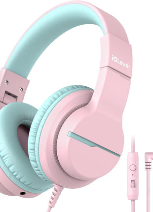 iClever HS19 Kids Headphones with Microphone for School, Safe Volume Limited, Over-Ear Girls Boys Headphones for Kids with Shareport, Foldable Wired for iPad/Travel (Pink)