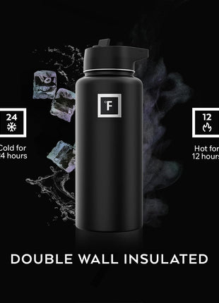 IRON °FLASK Camping & Hiking Hydration Flask with Straw, Wide Mouth Insulated Stainless Steel Sports Water Bottle - 32 oz Midnight Black