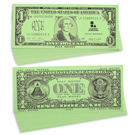 LEARNING ADVANTAGE One Dollar Play Bills, Set of 100, Sized Like Real Cash | Play Money for Teaching Currency and counting