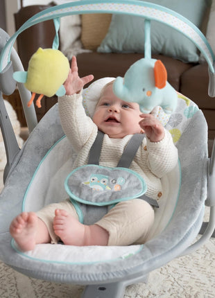 Ingenuity Swing 'n Go 5-Speed Baby Swing - Foldable, Portable, 2 Plush Toys & Sounds, 0-9 Months 6-20 lbs (Hugs & Hoots)