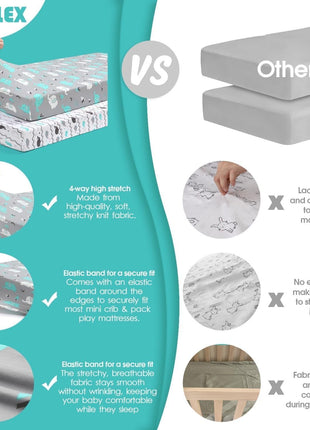 Pack n Play Sheets, BROLEX 2 Pack Mini Crib Sheets,Stretchy Portable Fitted Playard Sheet Set, Convertible Playard Mattress Cover,Ultra Soft Breathable Material,Elephant Whale