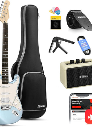 Donner DST 152R Electric Guitar, 39 inch Beginner Electric Guitar Kit, HSS Pickup with Coil Split, Guitar Starter Set with Amp, Bag, All Accessories, Metallic Ice Blue