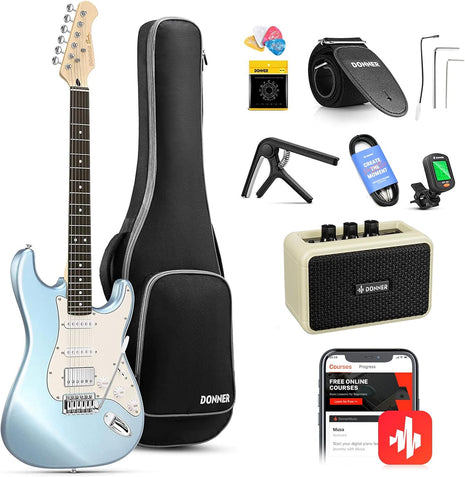 Donner DST 152R Electric Guitar, 39 inch Beginner Electric Guitar Kit, HSS Pickup with Coil Split, Guitar Starter Set with Amp, Bag, All Accessories, Metallic Ice Blue