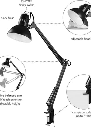 Globe Electric 56963 31.5 inch Multi-Joint Desk Lamp with Metal Clamp, Black, On/Off Rotary Switch on Shade, Partially Adjustable Swing Arm, Home Essentials, Reading Light, Office Décor
