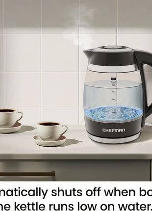Chefman Electric Kettle, 1.8L 1500W, Hot Water Boiler, Removable Lid for Easy Cleaning, Auto Shut Off, Boil Dry Protection, Stainless Steel Filter, BPA Free, Borosilicate Glass Electric Tea Kettle
