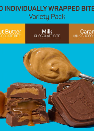 AWAKE - Caffeinated Chocolate Bites - 50mg Caffeine - Variety Pack (3 Flavors), 50 Bites - Peanut Butter, Milk, & Caramel - Energy Bites - Coffee Alternative - Fairtrade, Gluten Free, Non GMO - 0.48oz