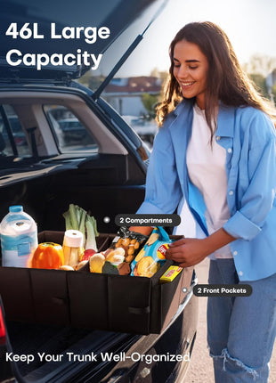 HOTOR Trunk Organizer - Car Organizer, Foldable Trunk organizer for SUVs & Sedans, Sturdy Car Organization for Car Accessories, Tools, Sundries, Black, 2 Compartments, 21.3 inch×12.6 inch×10.6 inch