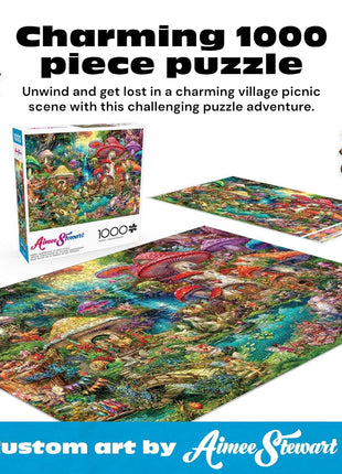 Buffalo Games - Merry Mushroom Village Picnic - 1000 Piece Puzzle | Made in USA, Recycled Board, Finished Size 26.75 x 19.75 in, Includes Poster, Giftable, Frameable Art