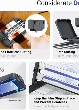 JJC Negative Slide Film Cutter for 35mm 120 Format Strips for Clean Cutting | Negative Cutter with 11-Level Brightness LED Backlight, USB-C Charging, Precision Marks to Assist with Cutting, Iron Base