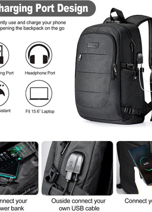 Tzowla Travel Laptop Backpack Water Resistant Anti-Theft Bag with Giant Tumbler Holder Pocket and Lock 15.6 Inch Computer Business Backpacks for Women Men Work College,Casual Daypack(Black)