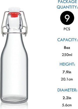 YEBODA 8oz Swing Top Bottles   Glass Beer Bottle with Airtight Rubber Seal Flip Caps for Home Brewing Kombucha, Beverages, Oil, Vinegar, Water, Soda, Kefir (9 Pack)