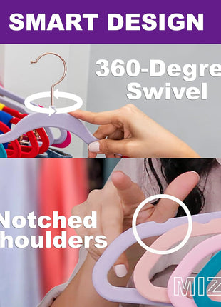 MIZGI Premium Velvet Hangers (50 Pack) Heavy Duty - Non Slip Felt Hangers - Blush Pink - Rose Gold 360 Degree Swivel Hooks,Space Saving Clothes Hanger,Durable Strong Hanger for Suits,Coats,Dress