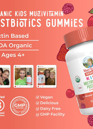 MaryRuth Organics Kids Vitamins | USDA Organic | Multivitamin Gummies + Postbiotics for Ages 4+ | Lactobacillus Rhamnosus | Vegan | Non GMO | 60 Count
