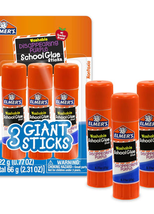 Elmer's Disappearing Purple School Glue Sticks, Washable, 22 Grams, 3 Count - Poster, Vision Board, Back to School Supplies, #1 Teacher Brand