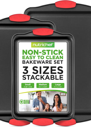 NutriChef 3 Piece Nonstick Kitchen Oven Baking Pans   Premium & Stylish Non Stick Steel, Commercial Grade Restaurant Quality Metal Bakeware with Red Silicone Handles   Easy to Clean, NCSBS3S