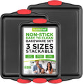 NutriChef 3 Piece Nonstick Kitchen Oven Baking Pans   Premium & Stylish Non Stick Steel, Commercial Grade Restaurant Quality Metal Bakeware with Red Silicone Handles   Easy to Clean, NCSBS3S