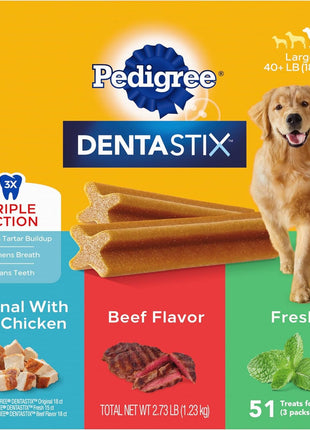Pedigree Dentastix Large Breed Dog Dental Treats, Variety, 51 Count | Original, Beef & Fresh Flavors, triple action dental care, reduces tartar, cleans teeth, freshens breath, for dogs 40+ lbs
