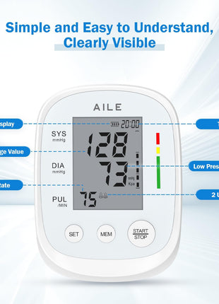 AILE Upper Arm Blood Pressure Monitor, Bp Cuff(8.7"-16.5"), 2x99 Memory | One-Touch Accuracy Readings, Digital Display, Memory Function, Fast 30 Reading, USB-C or 4 AAA, Home Use or Travel