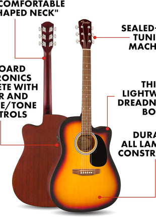 Fender FA-25CE Dreadnought Acoustic Electric Guitar, Beginner Guitar, with 2-Year Warranty, Includes Built-in Tuner and On-Board Volume and Tone Controls, Comes with Free Lessons, Sunburst