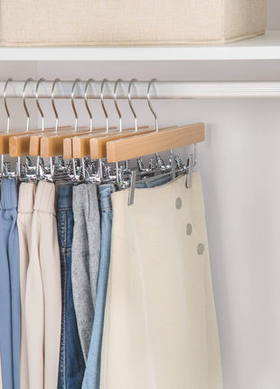 Nature Smile Solid Lotus Wood Deluxe Wooden Pants Hangers Bottom Hanger Jeans Hanger Skirt Hanger with 2-Adjustable Clips Anti-Rust Hook Pack of 10 (Natural)