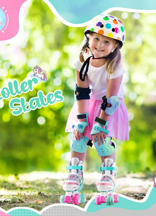 Rainbow Unicorn 4 Size Adjustable Roller Skates for Girls Boys for Kids Ages 3-5 5-8 6-12 Children Skates Indoor Outdoor