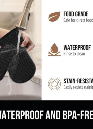GORILLA GRIP BPA-Free Soft Silicone Oven Mitts, 550F Heat Resistant Waterproof Cooking Safety Gloves, Thick Cotton Lining, Flexible Gripping for BBQ Grilling, Kitchen Potholders Set, 12.5x8.3, Black