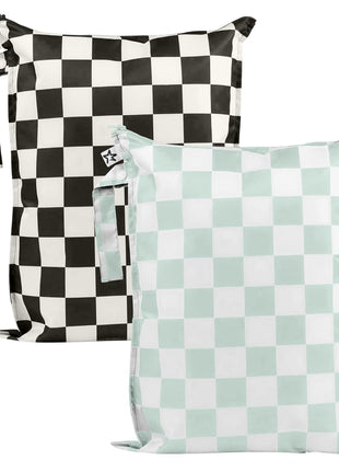 Tiny Twinkle Mess Proof Wet Bags | 2-Pack Reusable Waterproof Wet Bags for Swimsuits | Baby Clothes | Travel & Diaper Bag (Black, Green Checkers)