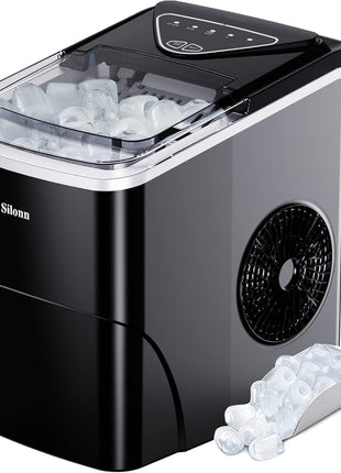 Silonn Ice Maker Countertop, 9 Cubes Ready in 6 Mins, 26lbs in 24Hrs, Self-Cleaning Ice Machine with Ice Scoop and Basket, 2 Sizes of Bullet Ice for Home Kitchen Office Bar Party