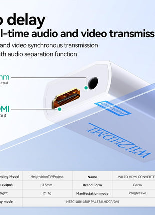 GANA Wii to HDMI Converter, 1080P Wii HDMI Adapter with 3.5mm Audio Jack | Plug and play, supports all Wii display modes, compatible with Wii/Wii U, HDTVs, monitors and projectors.