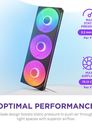 NZXT F360 RGB Core - 360mm Single-Frame RGB Fan Unit - Black | 360mm single-frame unit with three 120mm RGB fans on one cable. Speed and lighting controlled through CAM.