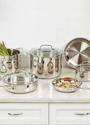 Cuisinart Chef's Classic 11-Piece Stainless Steel Pots and Pans Set, Cookware Set Compatible with Induction, Electric, Gas Cooktops, Aluminum Core for Even Heat, Cool Grip Handles, Dishwasher Safe