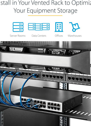 StarTech.com 1U Server Rack Shelf - Universal Vented Rack Mount Cantilever Tray for 19 inch Network Equipment Rack & Cabinet - Heavy Duty Steel - Weight Capacity 44lb/20kg - 7 inch Deep Shelf (CABSHELF1U7V)