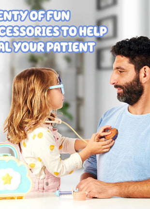 Bluey Cloud Bag Doctor Playset, 7 Pretend Check-Up Accessories | Portable medical kit with stethoscope, badge & Dr. Bluey glasses; toddler toy for kids ages 3+